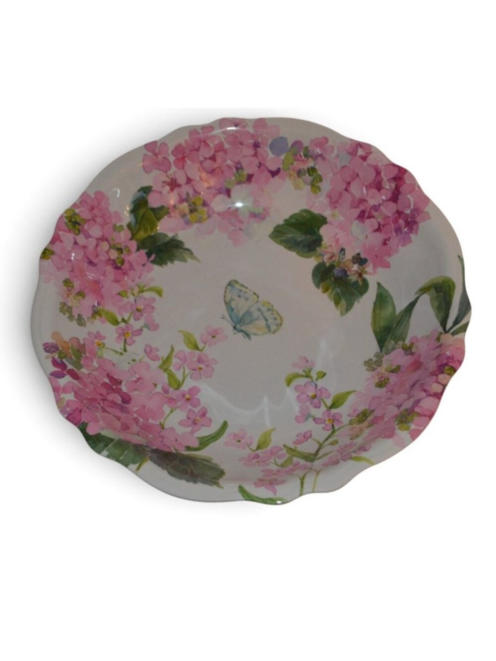 Pink Hydrangea Butterfly Scalloped Melamine Serving Bowl 13.5" Floral Decor